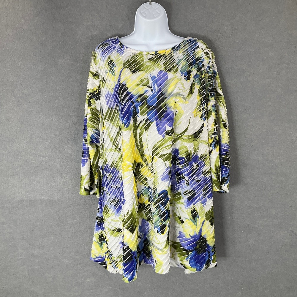 Susan Graver Floral Print Crinkle Dress 3/4 Sleeve Casual White Blue Yellow 2X‎